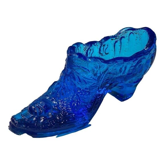 Vintage Blue Glass Shoe Slipper High Heel Cabbage Rose by Kanawha Glass Co. READ - Picture 2 of 10